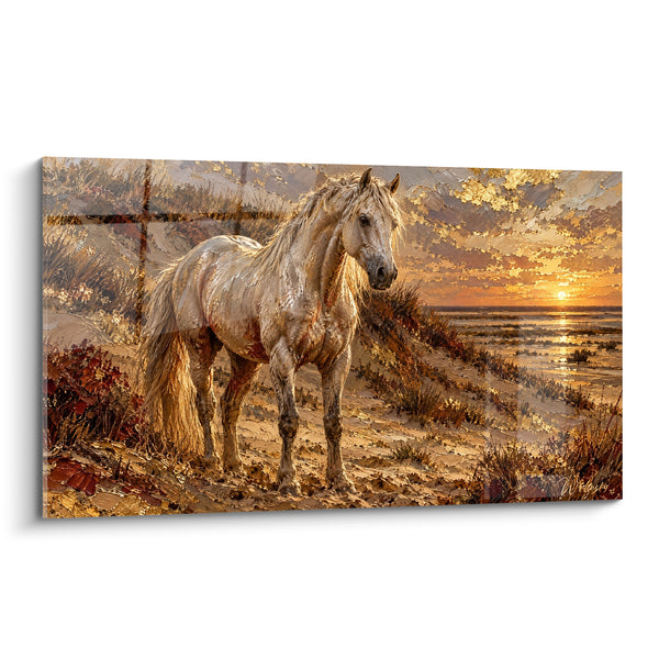 Tableau Cheval blanc doré sur une dune au soleil couchant - Herbes rousses et dunes - Edition Cheval de Camargue