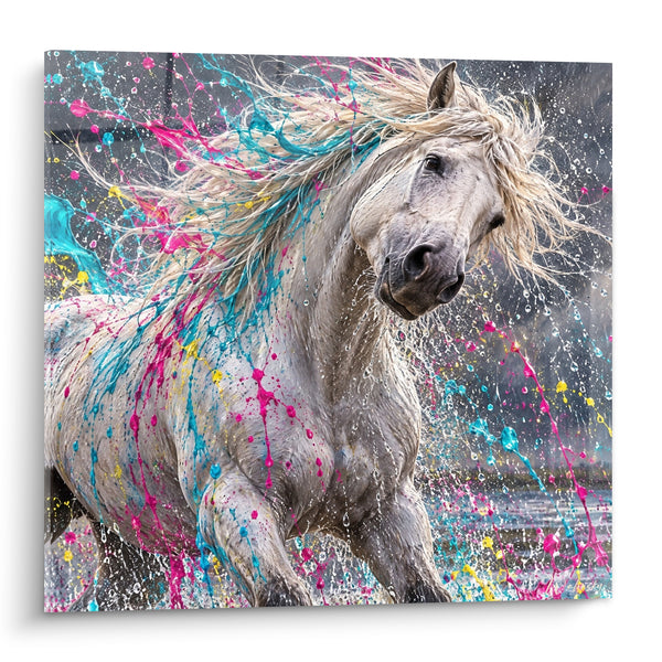 Tableau Cheval blanc aux éclaboussures roses et turquoise - Déferlante joyeuse - Edition Cheval de Camargue