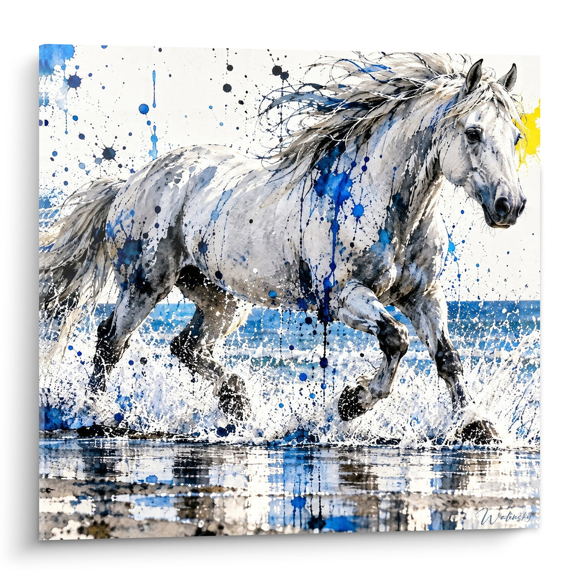 Tableau Cheval de Camargue blanc galopant dans l'eau, éclaboussures bleu cobalt et touches dorées