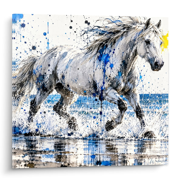Tableau Cheval blanc aux éclaboussures bleues - Course dans l'écume - Edition Cheval de Camargue
