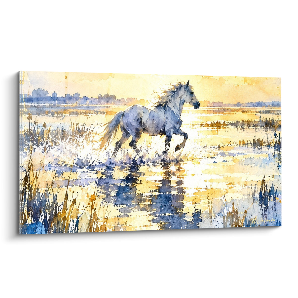 Tableau Cheval de Camargue blanc galopant dans l'eau dorée, aquarelle bleu pastel et ocre