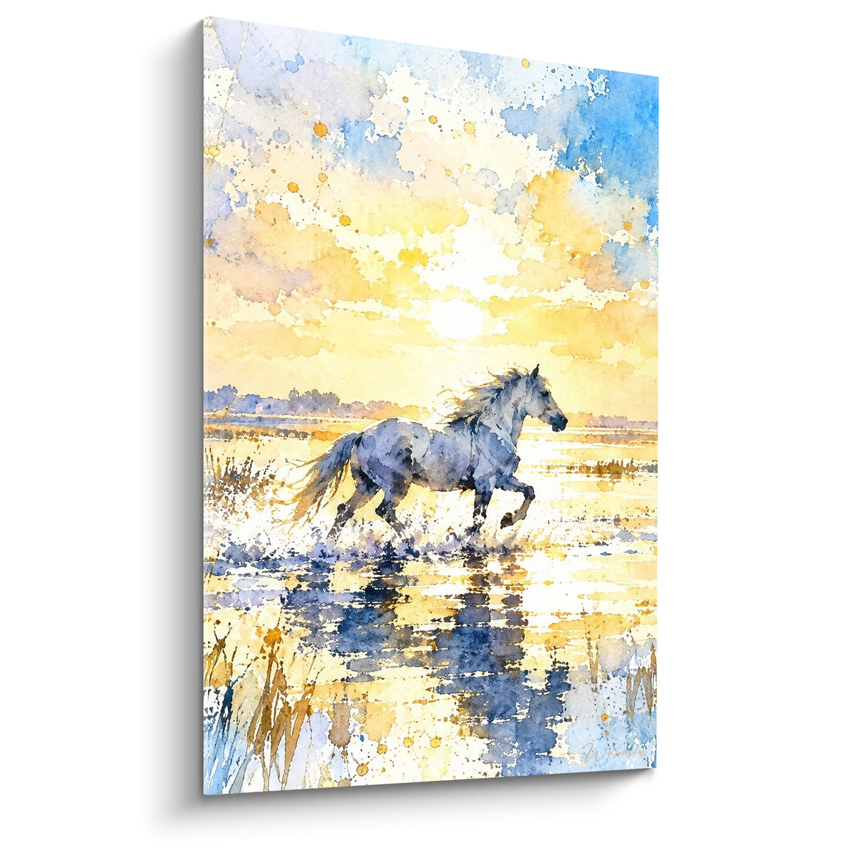 Tableau Cheval de Camargue blanc galopant dans l'eau dorée sous un ciel bleu et or éclatant