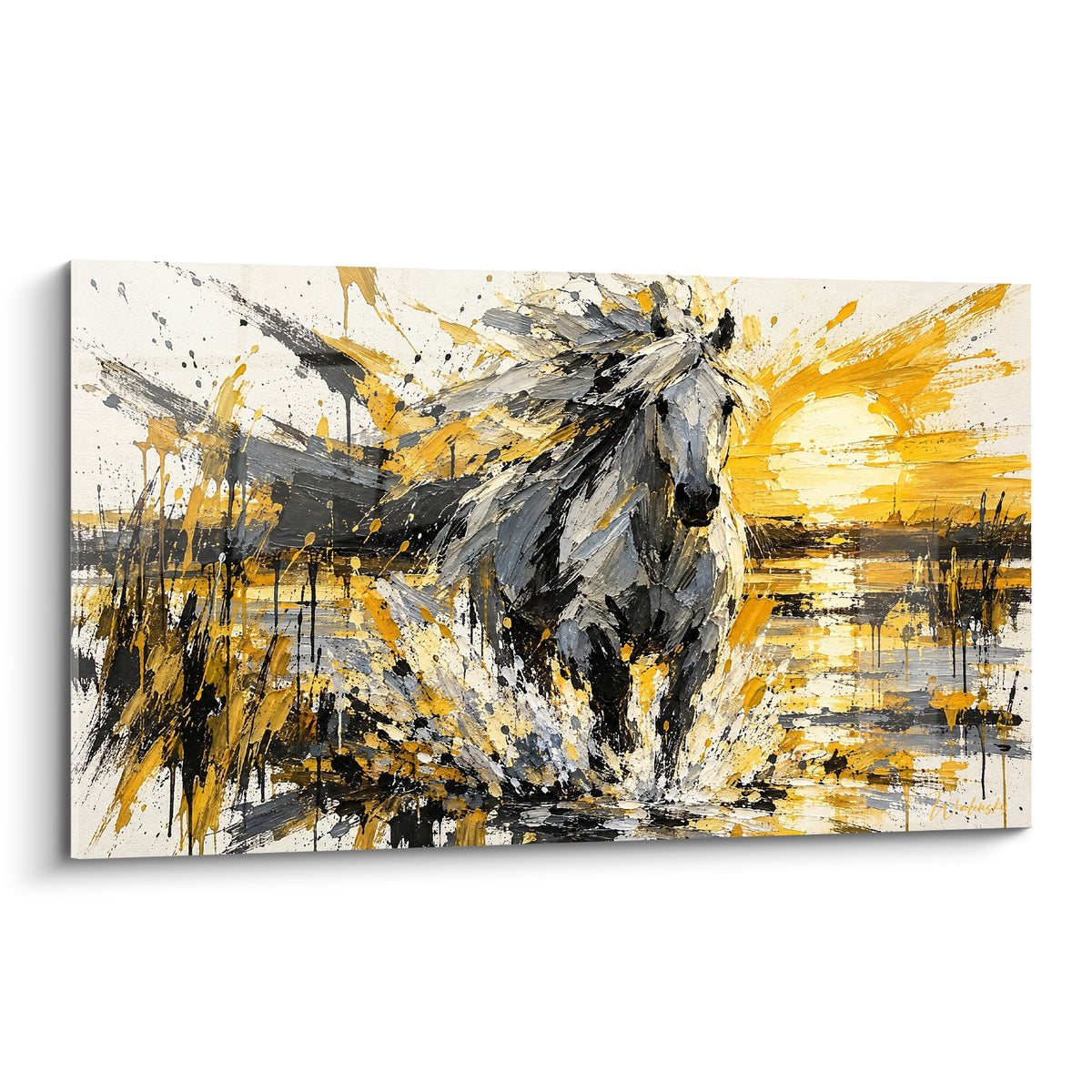 Tableau Cheval de Camargue galopant, crinière grise et éclaboussures dorées au lever du soleil