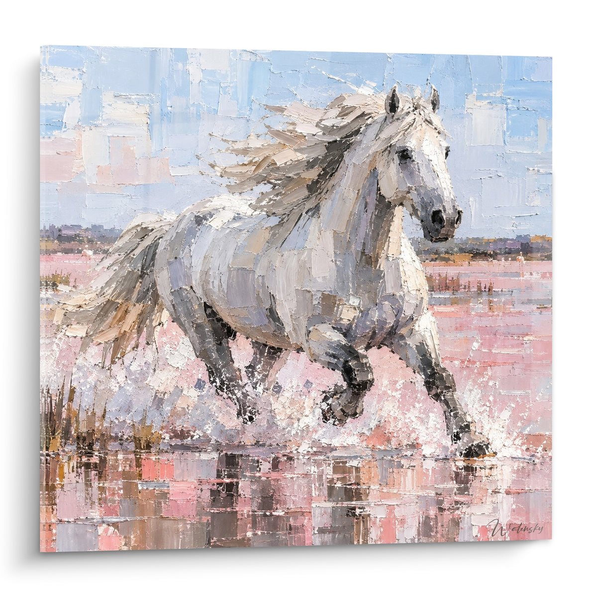 Tableau Cheval de Camargue blanc au galop sur eau rose, crinière soulevée, peinture texturée