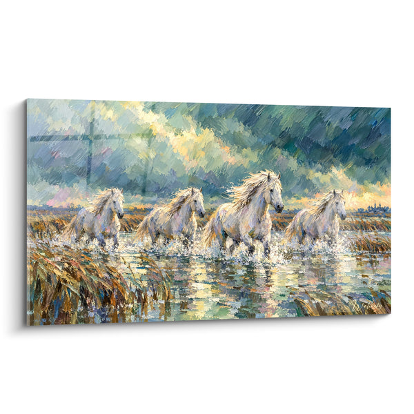 Tableau Troupeau blanc et vert traversant un étang - Course en groupe - Edition Cheval de Camargue