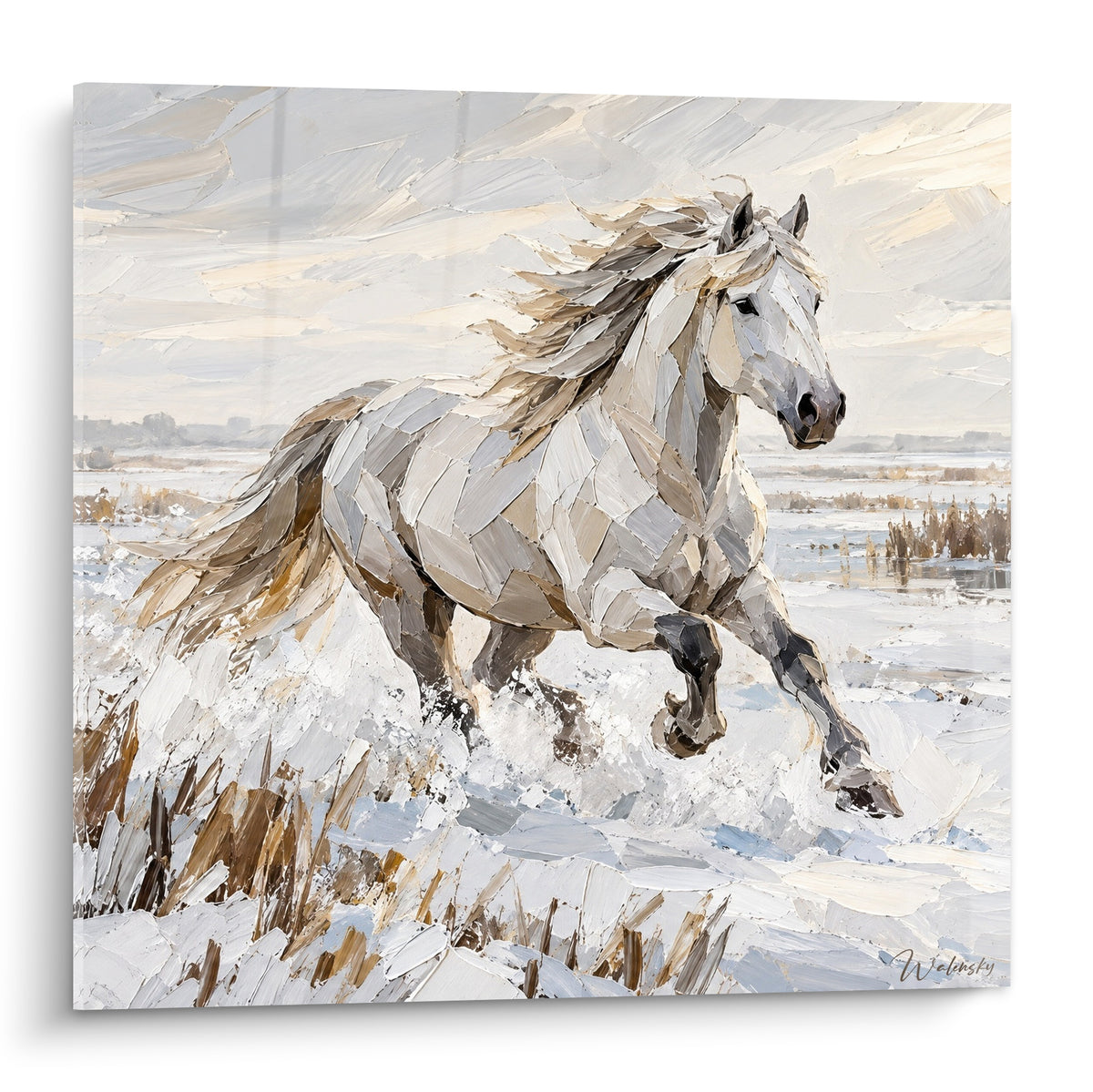 Tableau Cheval de Camargue galopant, robe blanche et grise, éclaboussures dans les marais