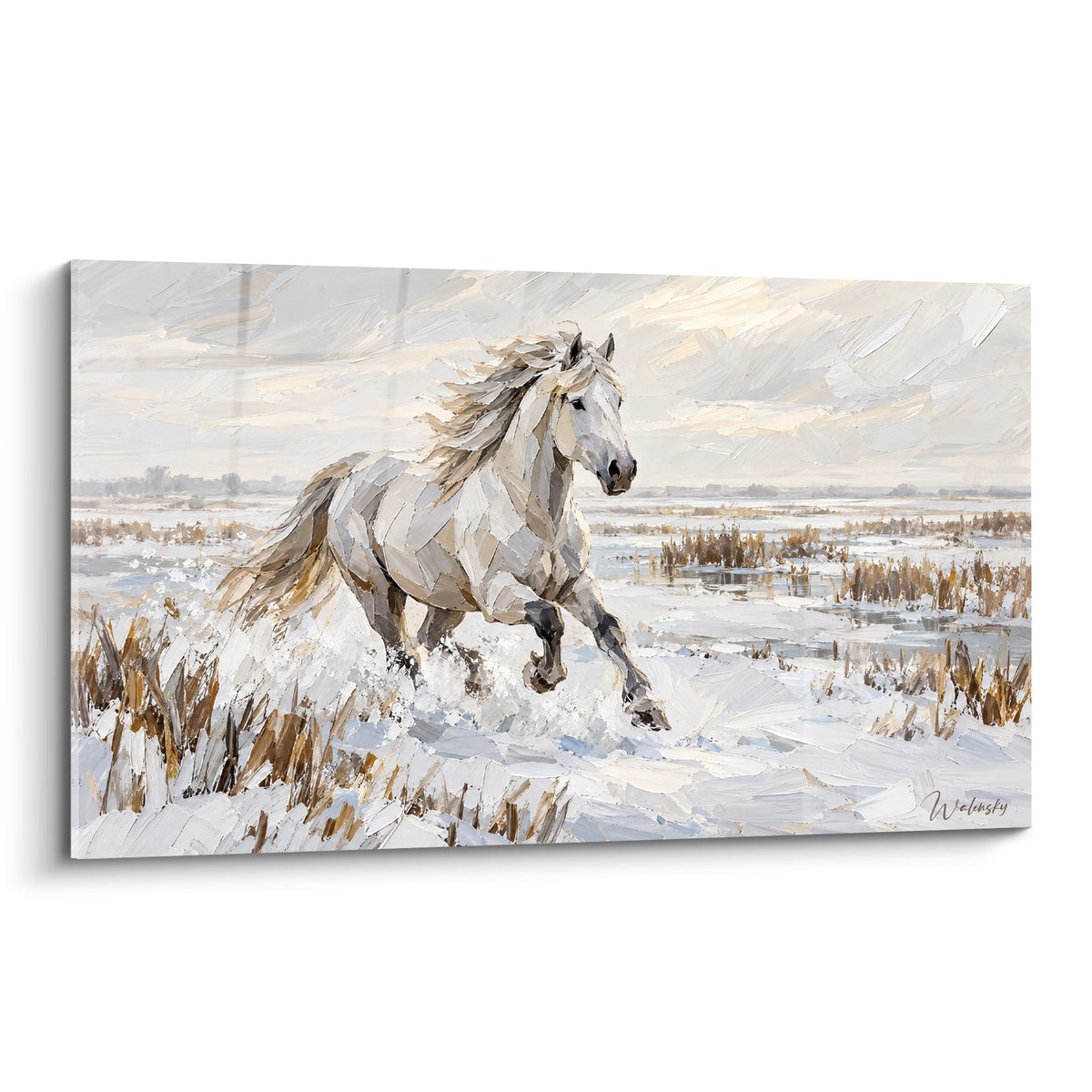 Tableau Cheval de Camargue blanc galopant dans un marais enneigé argenté et doré