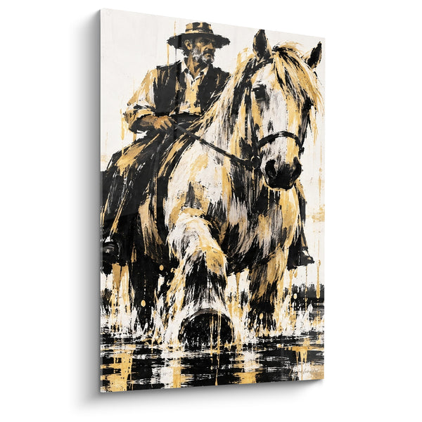 Tableau Gardian à cheval dans l'eau dorée - Traversée du marais - Edition Cheval de Camargue