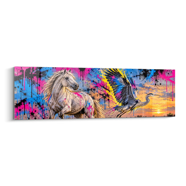 Tableau Cheval blanc rose et bleu accompagné d'un héron envolé - Ailes déployées au couchant - Edition Cheval de Camargue