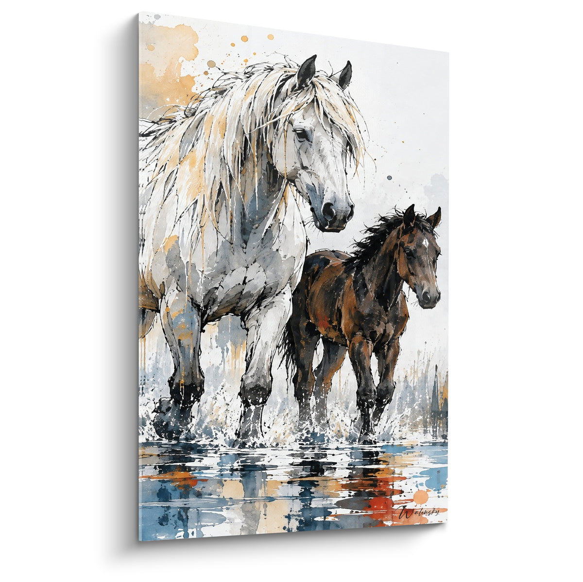 Tableau Cheval de Camargue jument blanche et poulain brun traversant une eau ocre et bleu marine