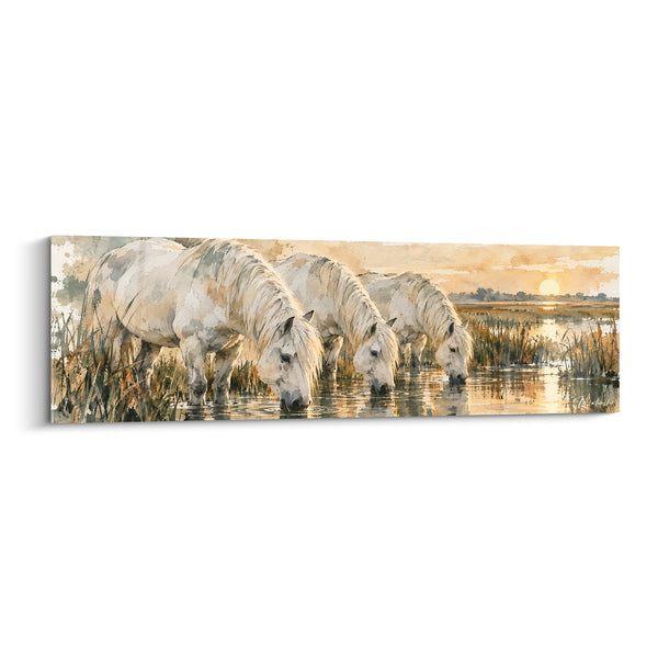 Tableau Chevaux blancs et dorés buvant en file - Trio au couchant - Edition Cheval de Camargue