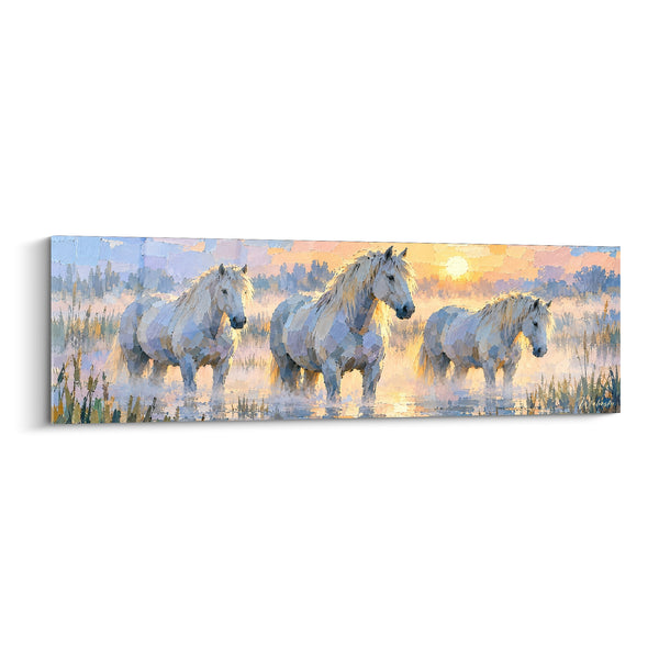 Tableau Chevaux blancs et bleus face au soleil levant - Trio au marais - Edition Cheval de Camargue