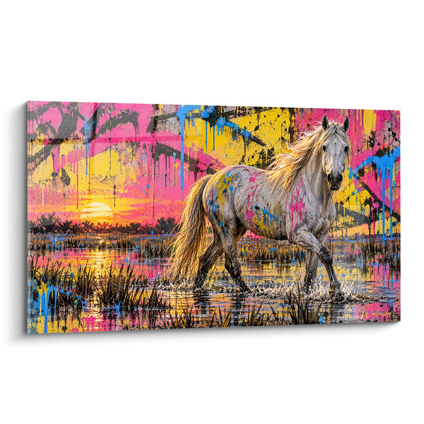 Tableau Cheval blanc traversant un marais rose et jaune - Traversée flamboyante - Edition Cheval de Camargue