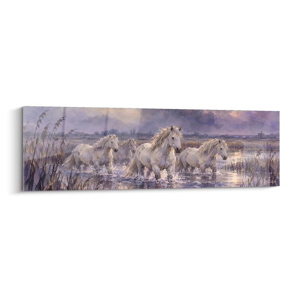 Tableau Chevaux blancs traversant un marais violet - Galop dans la brume - Edition Cheval de Camargue