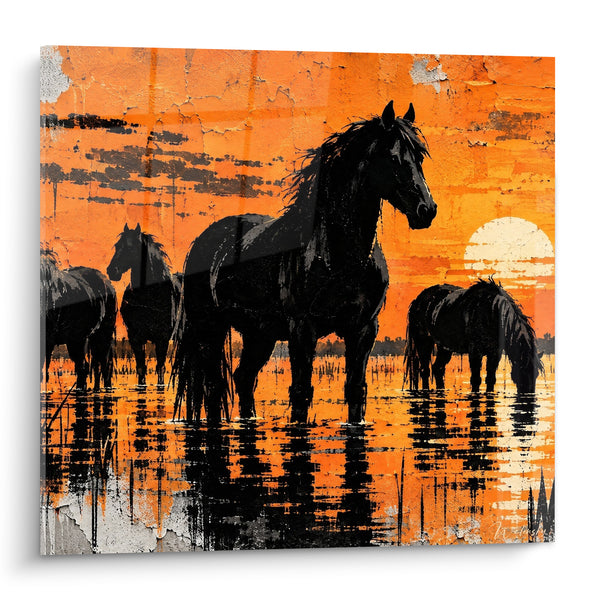 Tableau Chevaux noirs dans les marais orangés - Silhouettes au couchant - Edition Cheval de Camargue