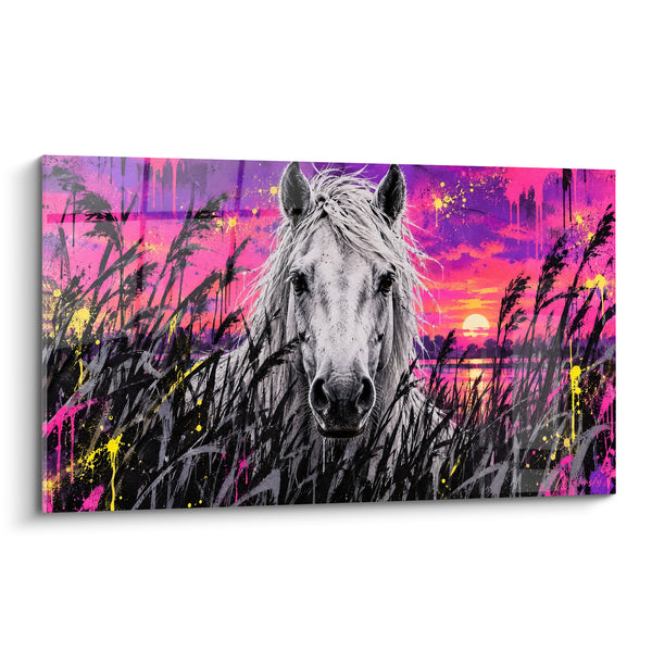 Tableau Cheval blanc entre roseaux rose et violet - Veille au crépuscule - Edition Cheval de Camargue
