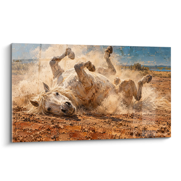 Tableau Cheval blanc roulant dans la poussière ocre - Roulade sauvage - Edition Cheval de Camargue