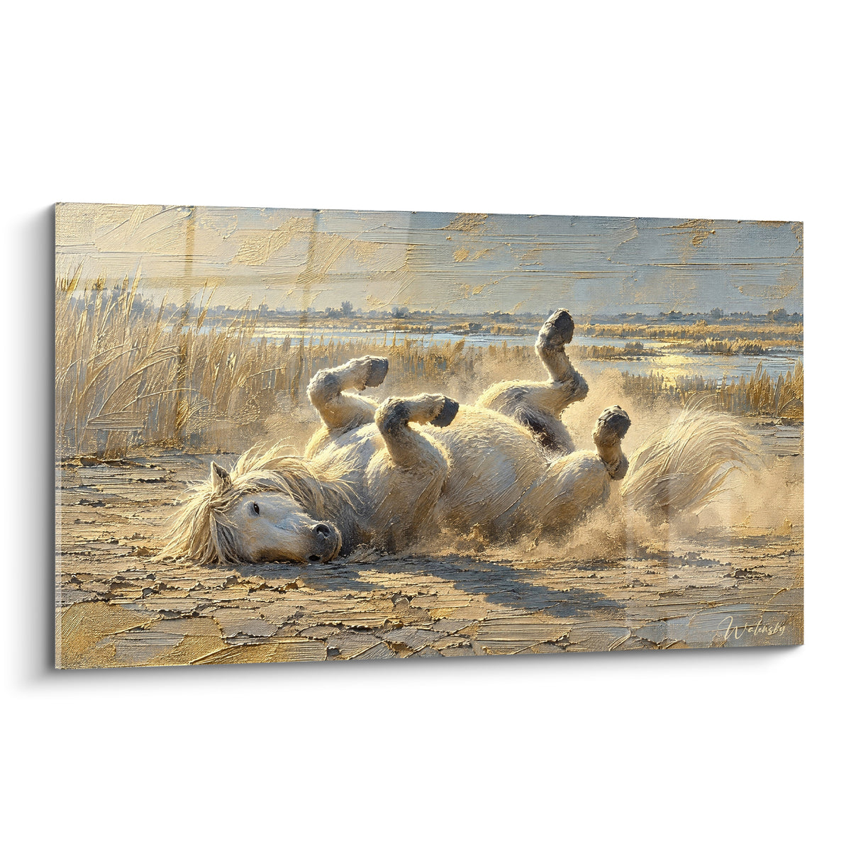Tableau Cheval de Camargue blanc se roulant dans le sable doré au crépuscule