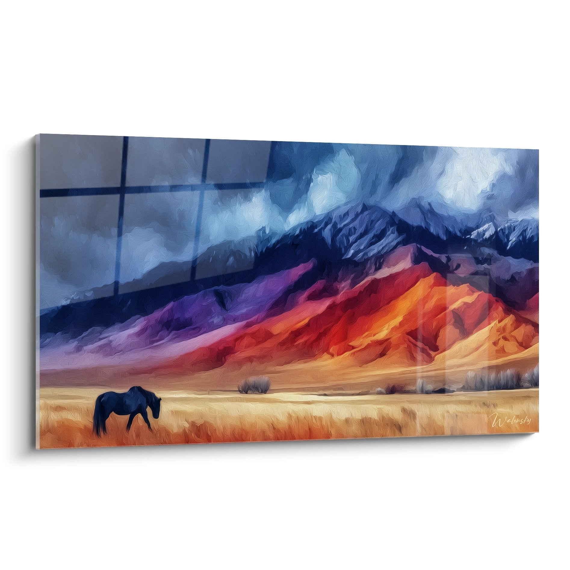 Tableau mural cheval noir désert montagnes colorées rouge violet paysage artistique