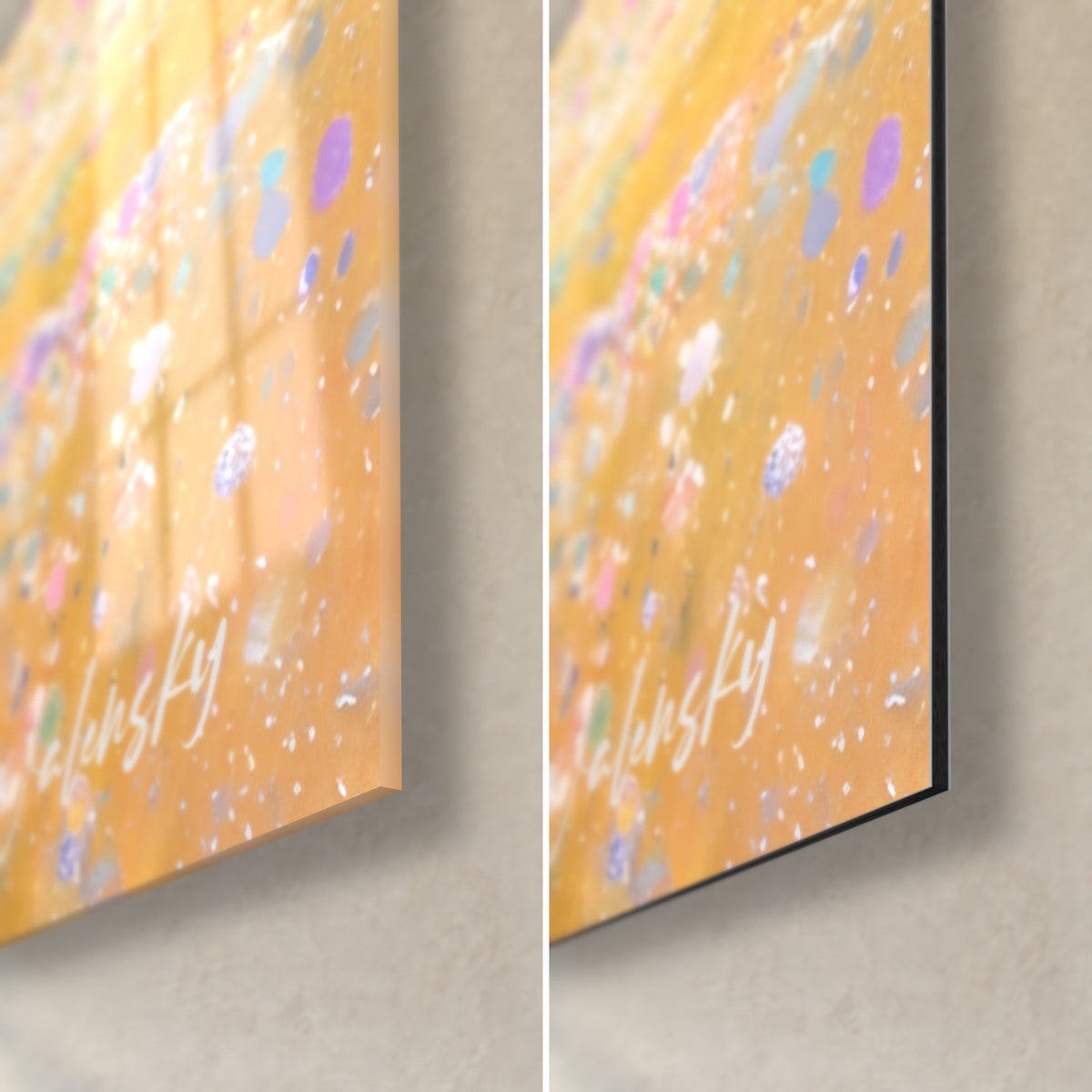 Quadro cavaliere iridescente, angolo in basso a destra: vetro acrilico lucido a sinistra, alluminio Dibond opaco a destra, spessore 3 mm, riflessi dorati