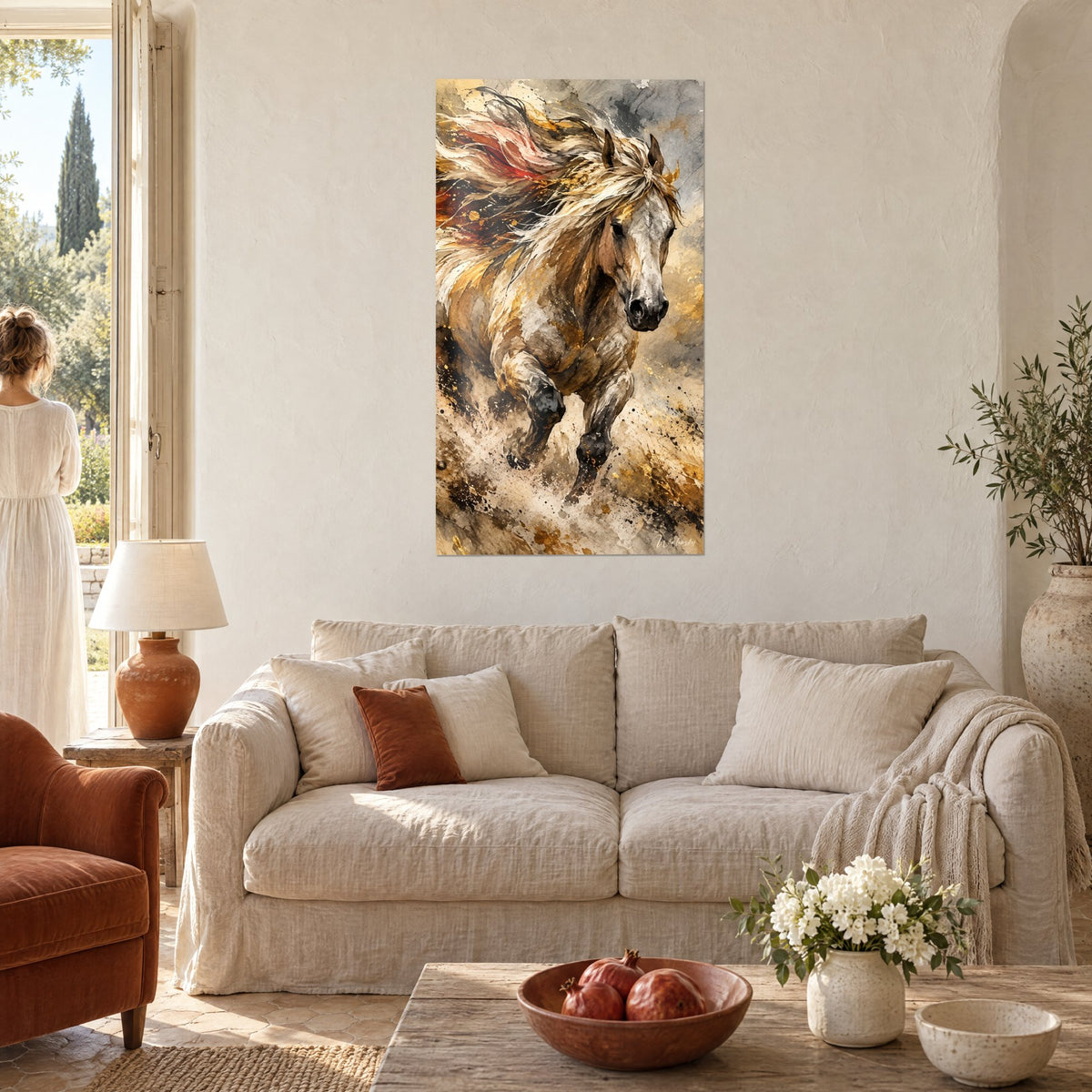 Tableau cheval au galop, crinière blanche striée de rouge, robe ocre et or, au-dessus d'un canapé dans un salon lumineux