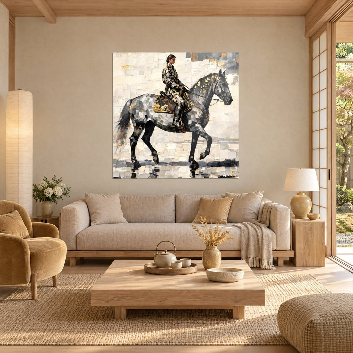 Quadro di una cavallerizza con giacca a quadri nera e oro su un cavallo grigio pezzato, fondo color crema, sopra un divano in un soggiorno luminoso