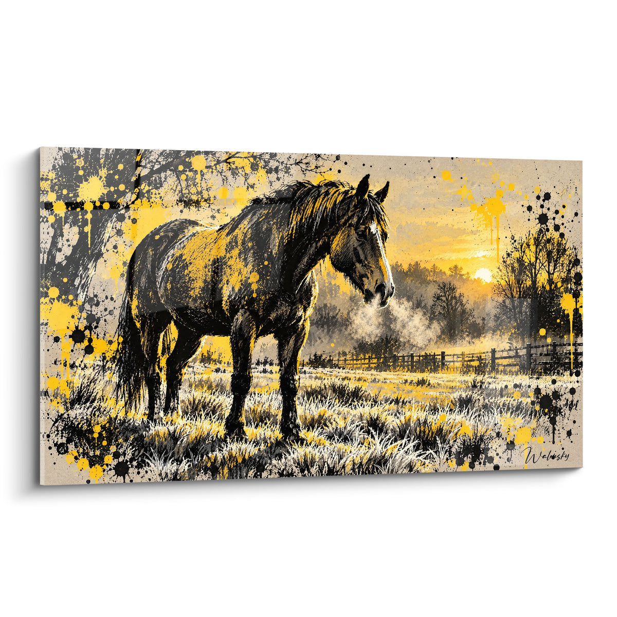 Tableau cheval doré au pré givré, éclaboussures noires et jaune moutarde sur fond beige