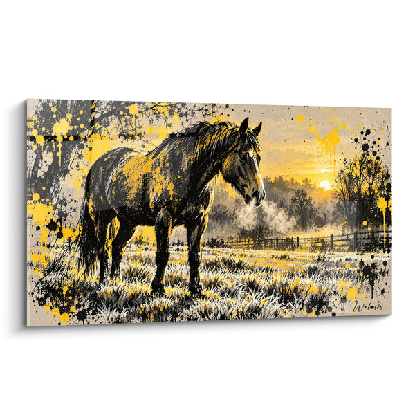Tableau Cheval au pré sous éclaboussures dorées - Souffle de l'aube - Edition Cheval