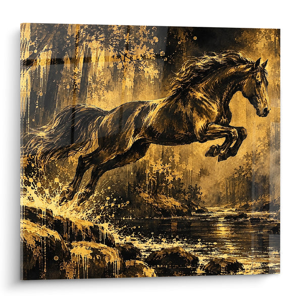 Tableau Cheval bondissant au-dessus d'une rivière dorée - Saut triomphant - Edition Cheval