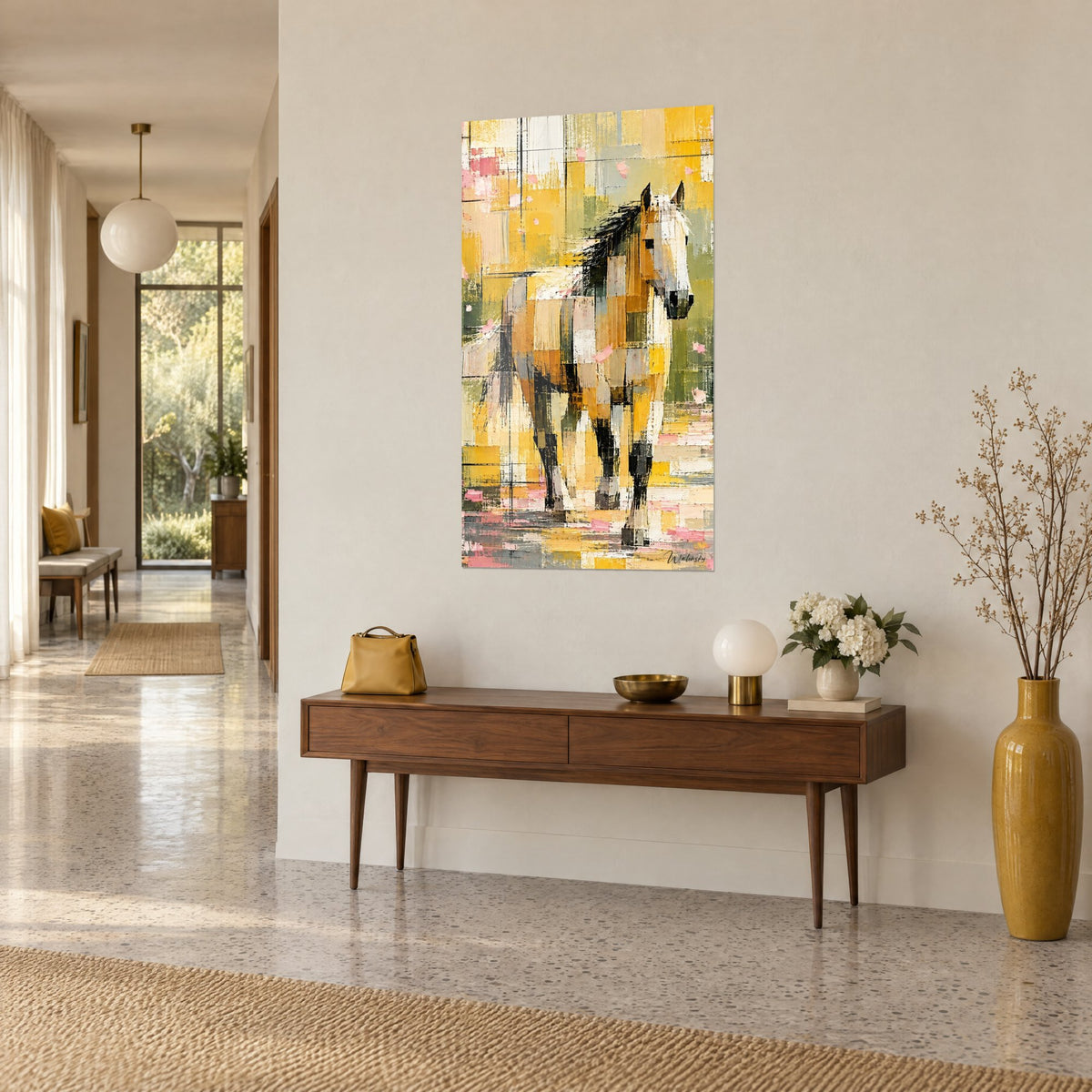 Tableau étalon crème aux aplats ocre et vert sauge, naseaux sombres, sur un mur beige au-dessus d'une console en bois