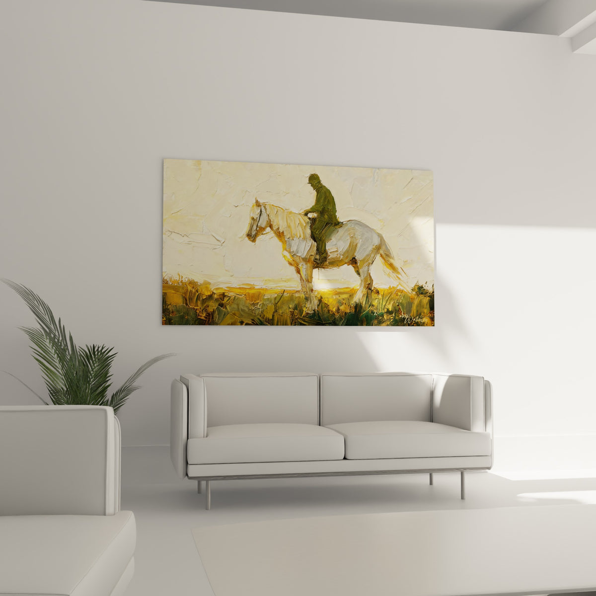 Silhouette équestre blanche et ocre en mouvement, au-dessus d'un canapé dans un salon lumineux