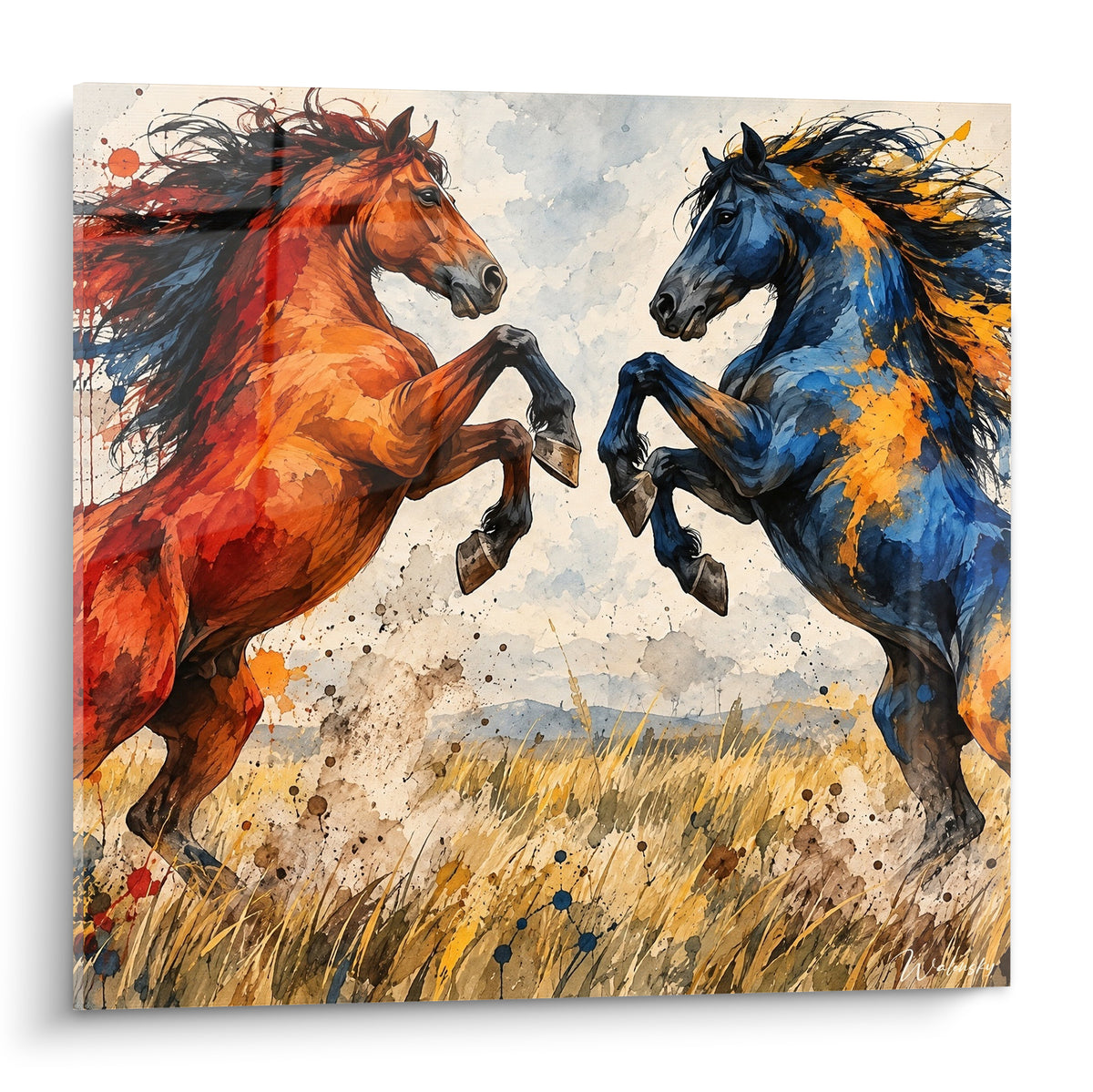 Tableau cheval roux cabré face à un étalon bleu nuit, crinières noires et prairie dorée en arrière-plan
