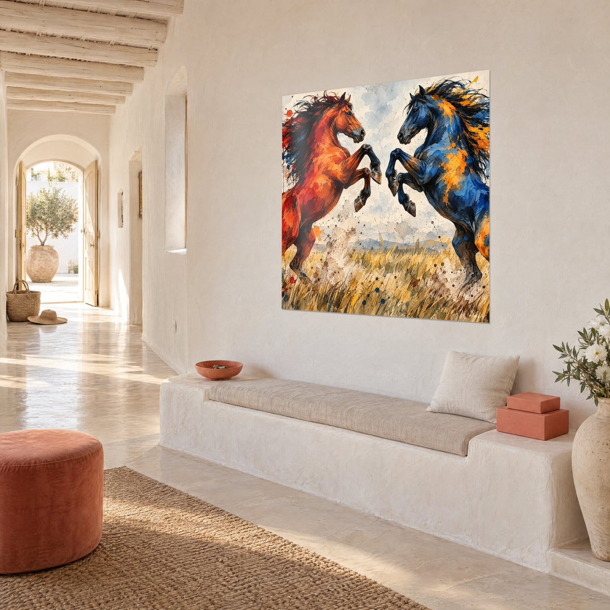 Tableau duel de chevaux dressés, flammes rousses face à l'indigo, herbes jaune paille, sur un mur blanc d'entrée méditerranéenne