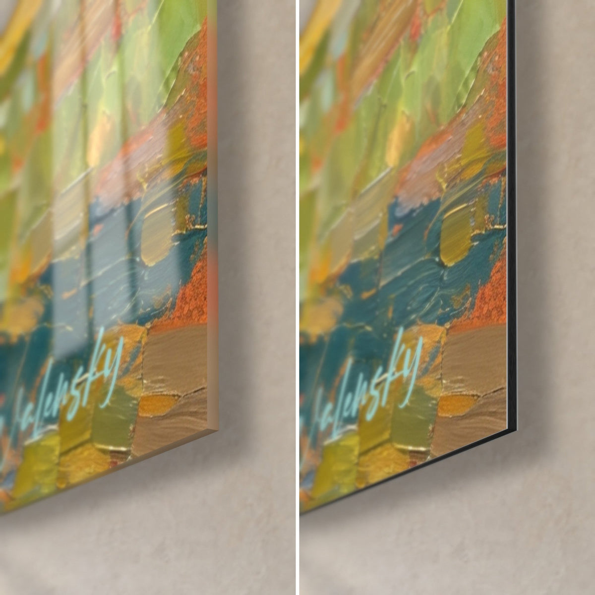 Tableau amazone sur cheval turquoise, coin bas droit : verre brillant à gauche, Dibond noir mat à droite, tranche de 3 mm