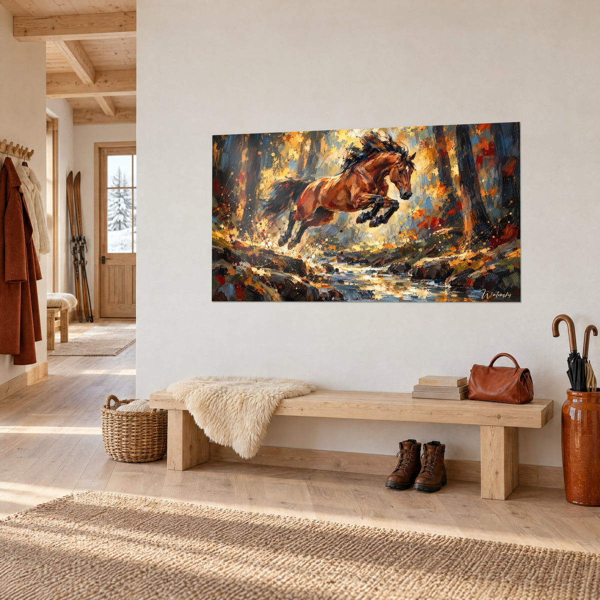 Tableau étalon alezan en plein saut, sabots noirs repliés, feuillage orange et bleu pétrole, sur un mur blanc d'entrée de chalet