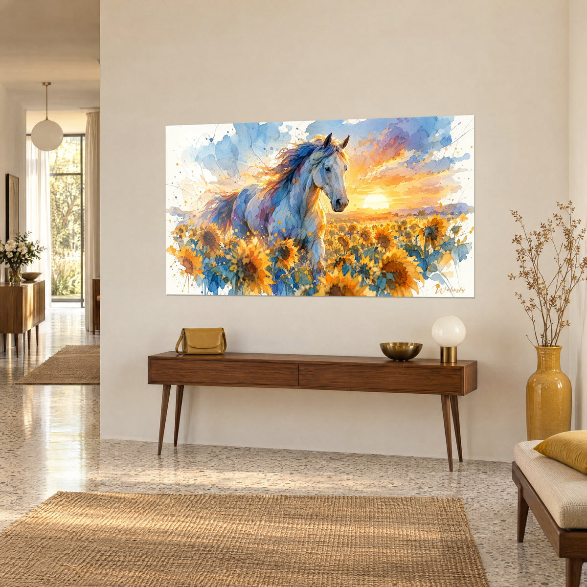 Tableau étalon pâle taché d'indigo et de violet, tournesols jaune miel, ciel doré, sur une console en bois, vue de trois-quarts