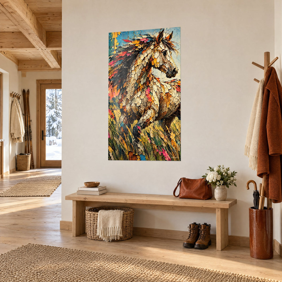 Tableau étalon aux écailles de peinture ivoire et orange, herbes dorées au premier plan, vu de trois quarts dans l'entrée d'un chalet