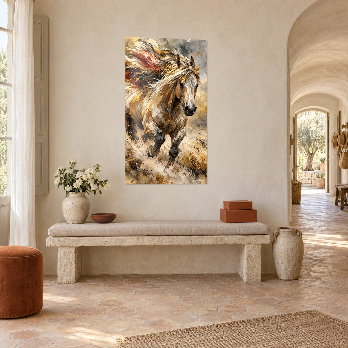 Tableau étalon doré lancé dans la poussière, mèches rousses et blanches éclaboussées, dans l'entrée voûtée d'un mas provençal