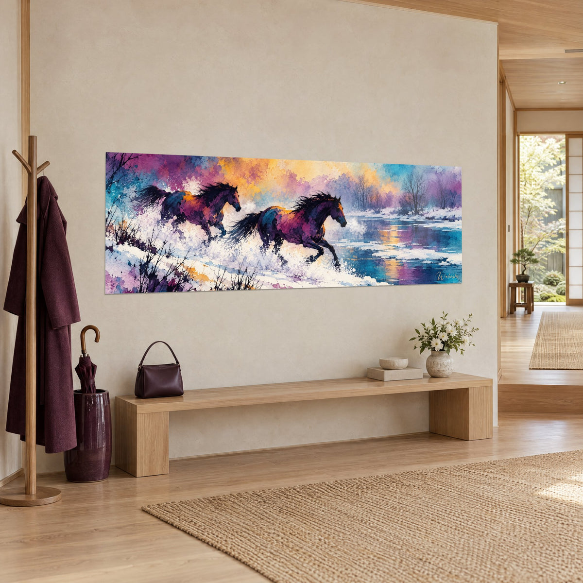 Tableau étalons lancés dans la neige, crinières noires au vent, eau bleue et mauve, accroché sur un mur beige d'entrée