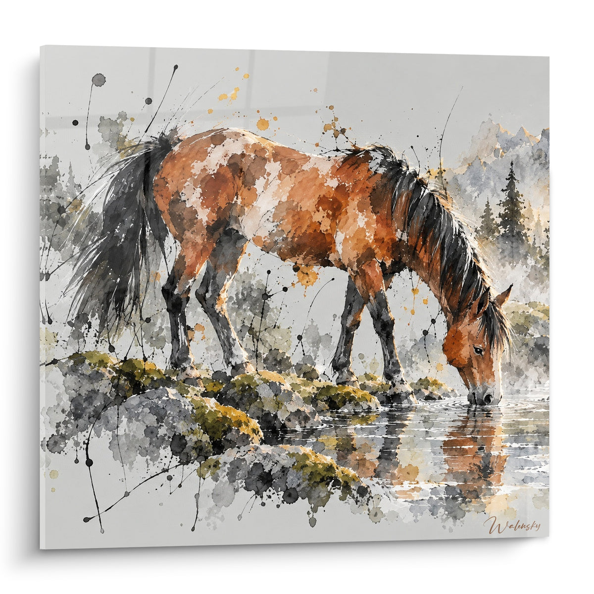 Tableau cheval fauve buvant au point d'eau, robe ocre et brune, crinière anthracite, aquarelle expressive