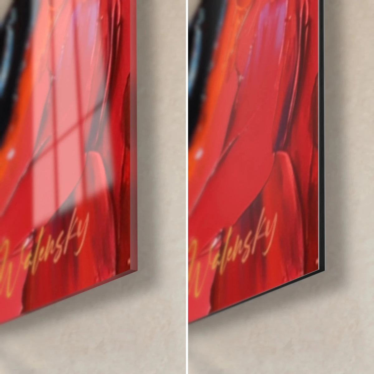 Wall art horse head in vermilion and cobalt blue impasto, lower right corner signature, glossy glass on the left, matte Dibond aluminium on the right