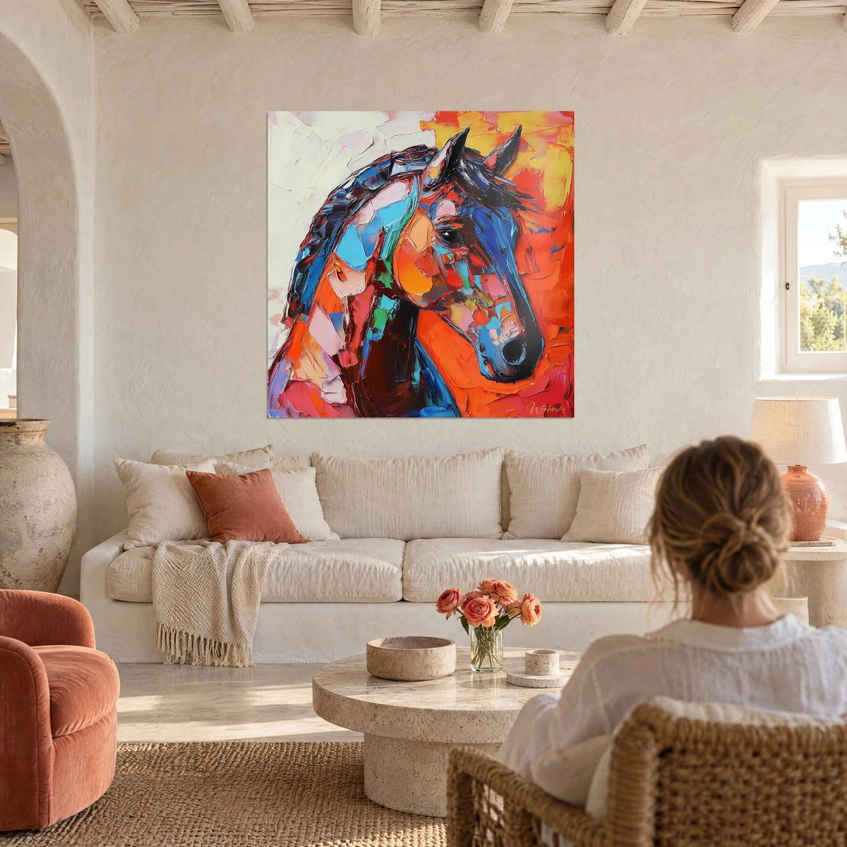 Wall art horse with a coat of blue and orange touches, dark gaze, ivory background, above a sofa in a bright living room