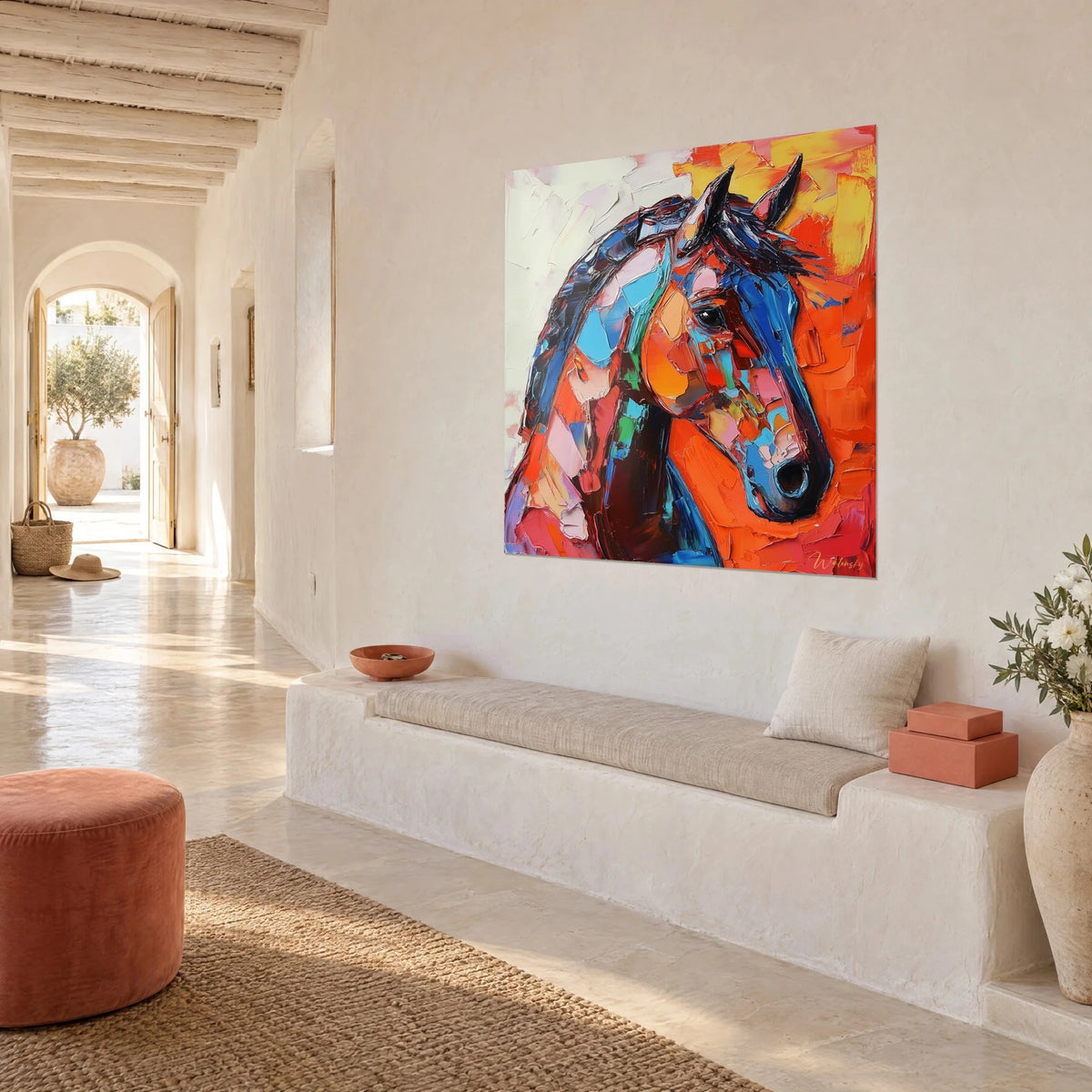 Wall art equine portrait in thick impasto fiery red and turquoise, black mane, seen at an angle on a whitewashed wall, Mediterranean house