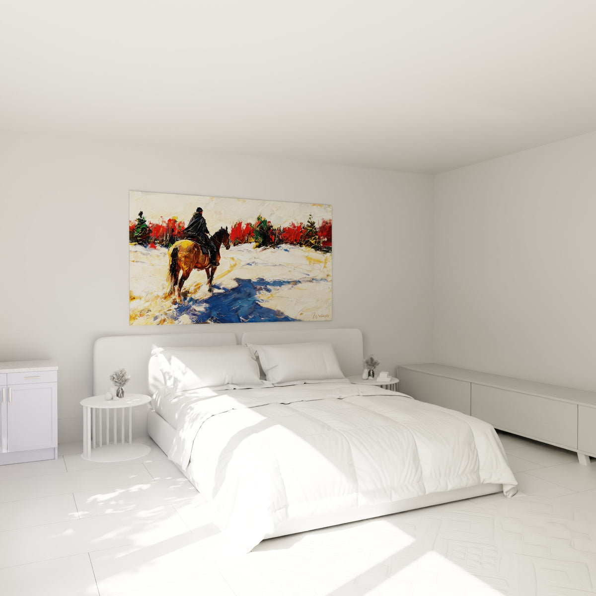 Cavalier et cheval fauve avancent dans la neige blanche et bleutée, au-dessus d'un lit dans une chambre claire