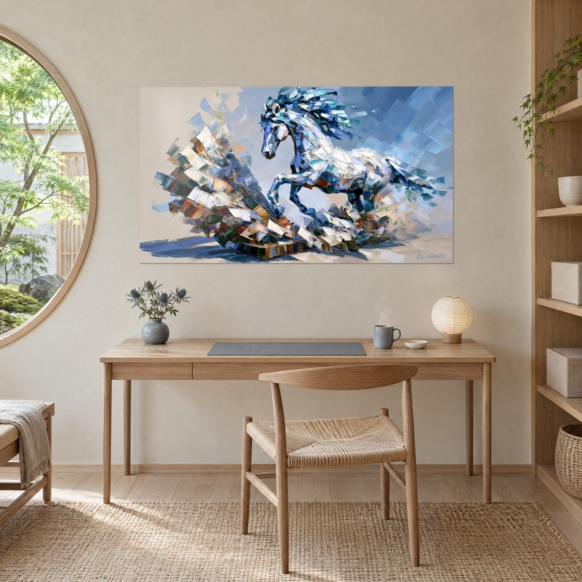 Tableau cavalier sans cavalier : cheval blanc éclaté, fond bleu ardoise et sable, au-dessus d'un bureau en chêne et d'une lampe