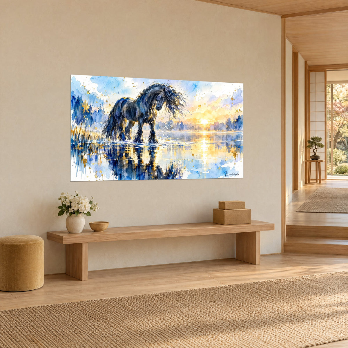 Quadro cavallo frisone che guazza nell'acqua, cielo giallo zafferano e lavanda azzurro, riflesso scuro, appeso vicino a una panca di legno