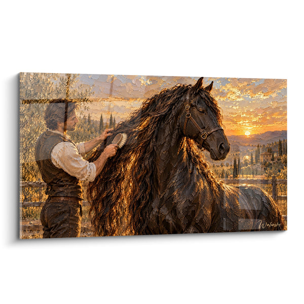 Tableau Cheval brun aux reflets dorés et crinière - Complicité au crépuscule - Edition Cheval Frison