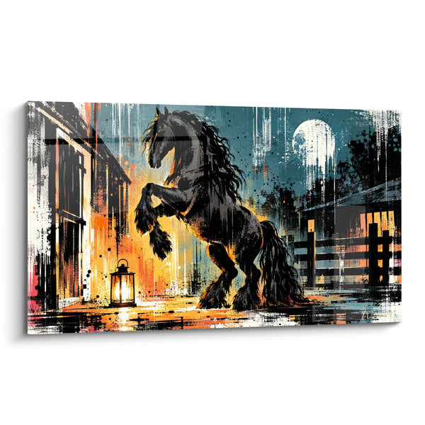 Tableau Cheval cabré noir et ocre à la lanterne - Veillée nocturne - Edition Cheval Frison