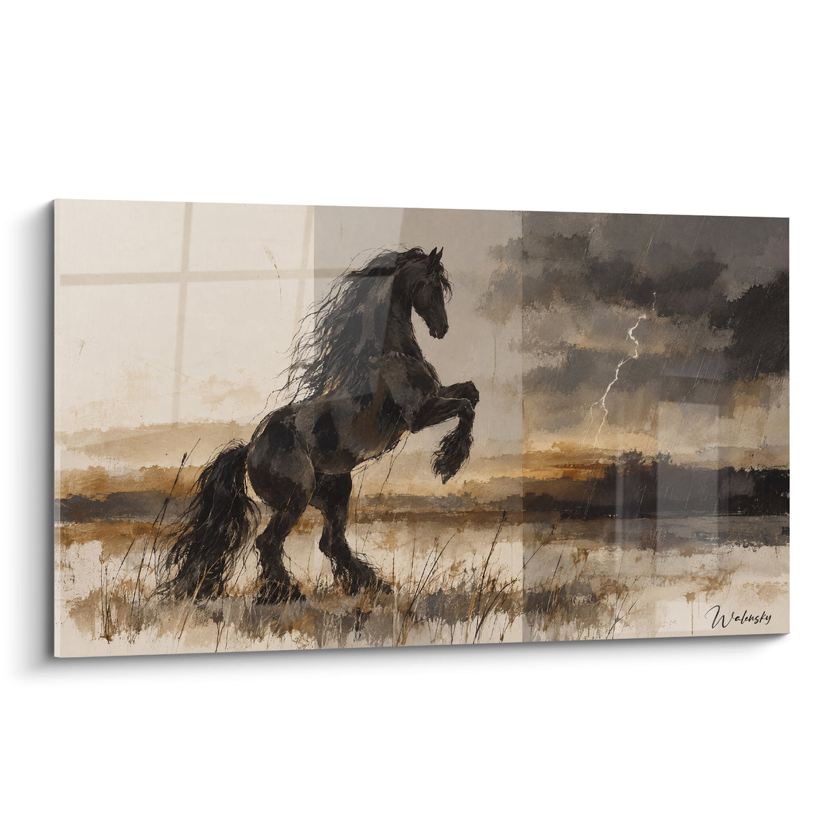 Tableau Cheval Frison cabré au pelage anthracite sous un ciel ocre traversé d'un éclair