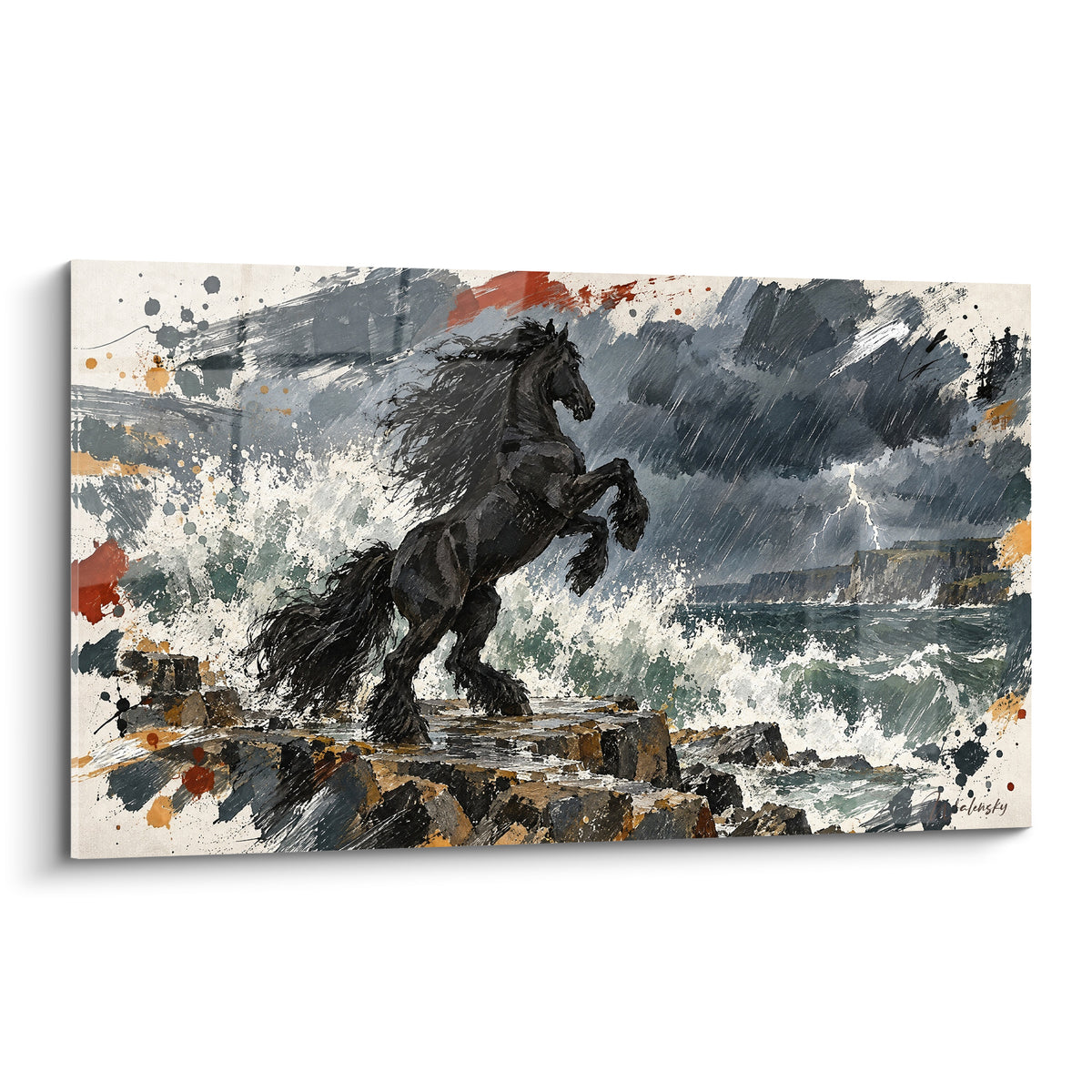 Tableau Cheval Frison noir cabré sur rochers face aux vagues bleu marine et éclairs gris